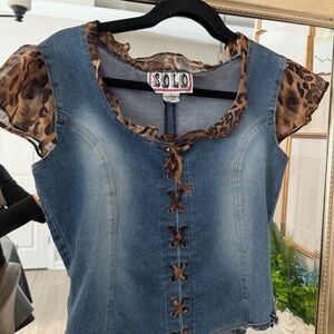 VIntage- Blue Denim and Leopard Print Blouse